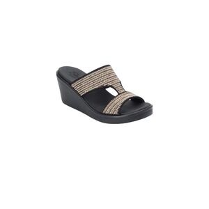 Skechers Women Rhinestone Wedge Sandals‎ Slides Luxe Foam Black Rose Gold Sz 9